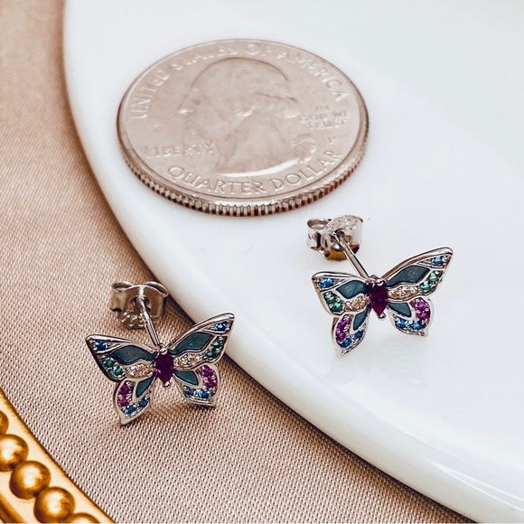 925 Sterling silver Butterfly 🦋 Enamel Colorful  CZ Stud Earrings - Picture 5 of 9
